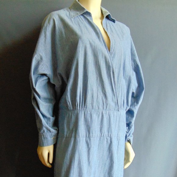 Norma Kamali 80s Vintage Blue Chambray Dress M - Picture 3 of 8